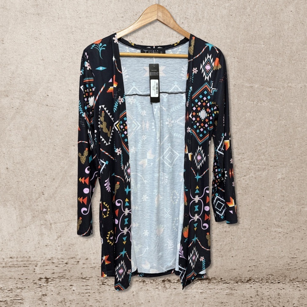 Lucky & Blessed Black Multicolor Patterned Cardigan NWT